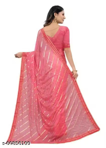 Women Malai Silk Sarees Striped Print Lycra Sari