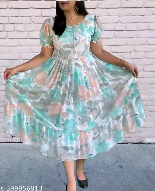 AINA FAB Chic Elegance: Georgette Flared White Maxi White and Multiple Color Dress - Maxi Length