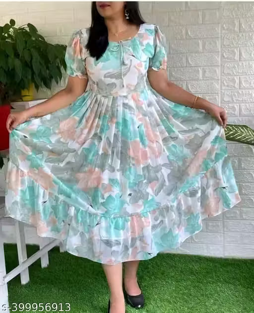 AINA FAB Chic Elegance: Georgette Flared White Maxi White and Multiple Color Dress - Maxi Length