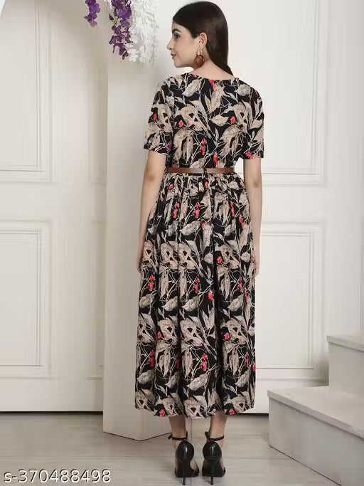 Fabflee Women's Printed Round Neck Multicolor Dresses