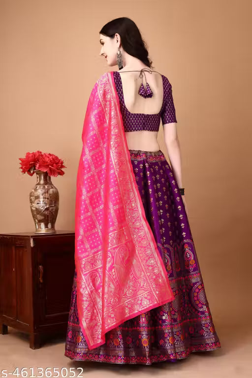 Wine and Pink Banarasi Silk Work Lehnega Choli with Dupatta
