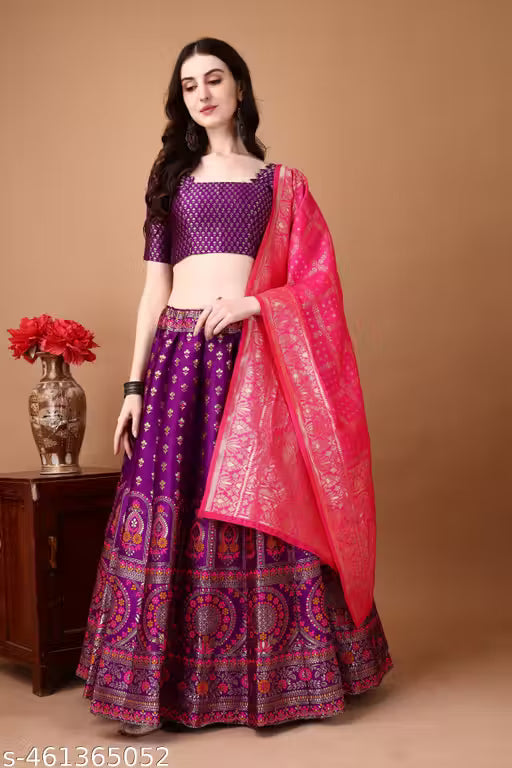 Wine and Pink Banarasi Silk Work Lehnega Choli with Dupatta